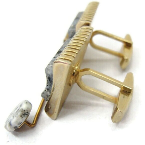 Vintage Blue Marble Gold Tone Vintage Cufflink Set with Stick Pin - Picture 4 of 12
